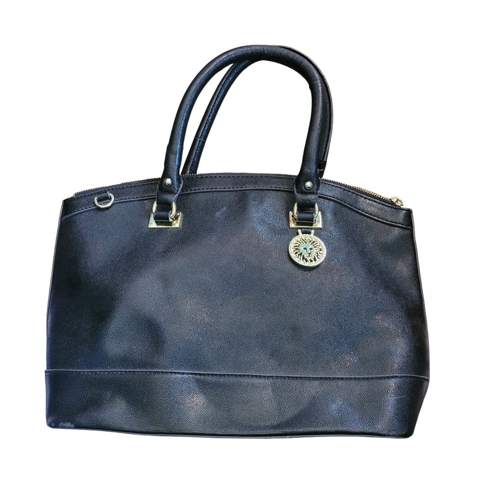 Anne Klein Black Pebbled Satchel Dome Handbag Purse Bag Gold Lion Charm Classic